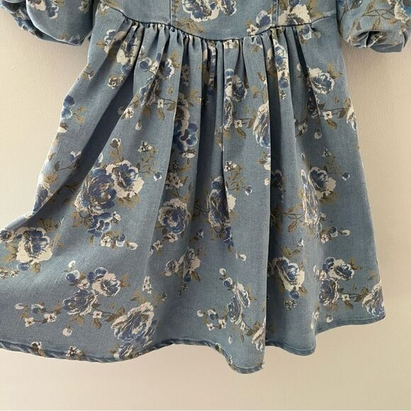 Avec Les Filles NWT Dress Denim Floral Smocked Puff Sleeve Bow Size Small - Picture 3 of 9